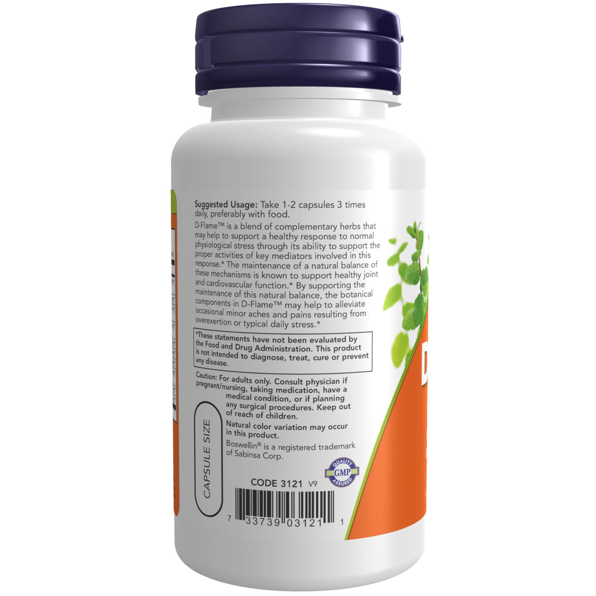 NOW Foods D-Flame™ capsules végétales ouvertes sur une table