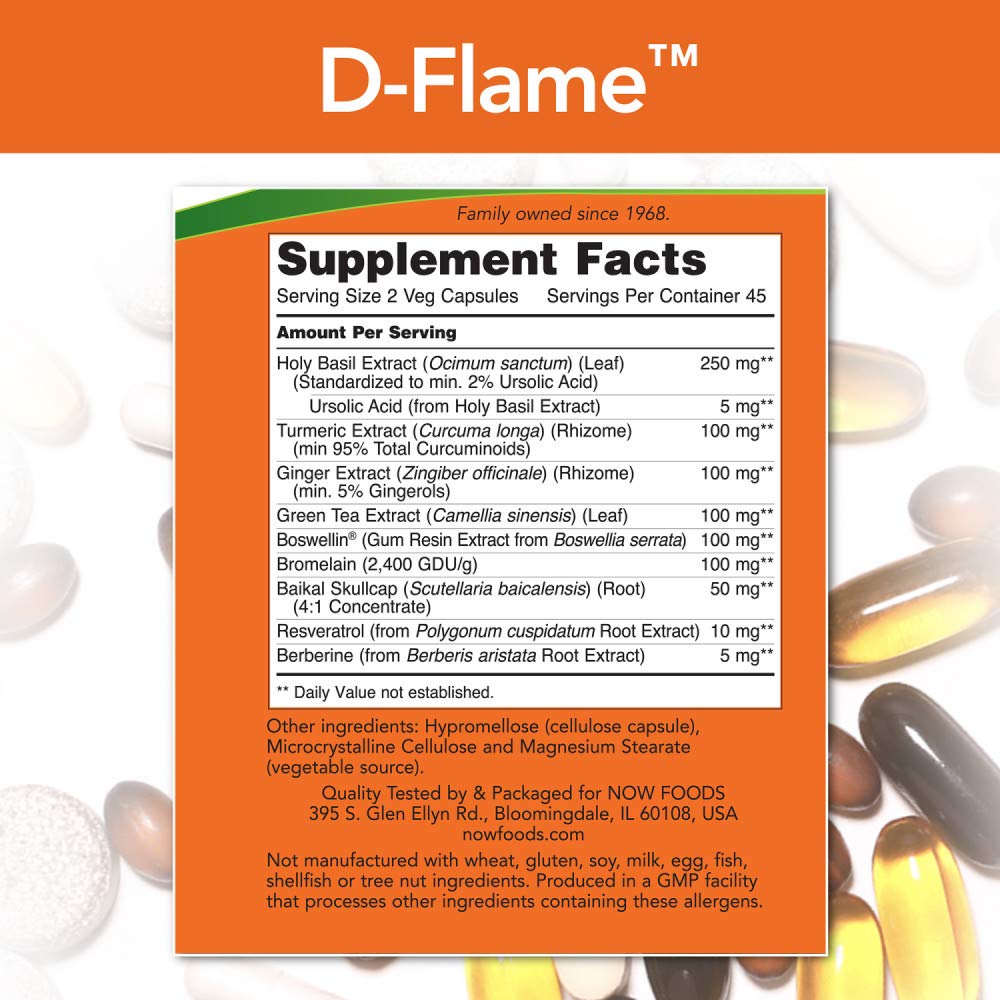 NOW Foods D-Flame capsules, vue arrière avec informations nutritionnelles