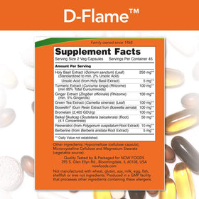 NOW Foods D-Flame capsules, vue arrière avec informations nutritionnelles