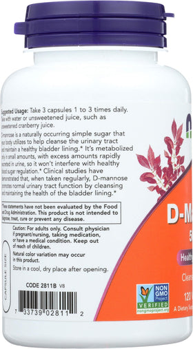 NOW Foods D-Mannose 500 mg flacon avec capsules à côté