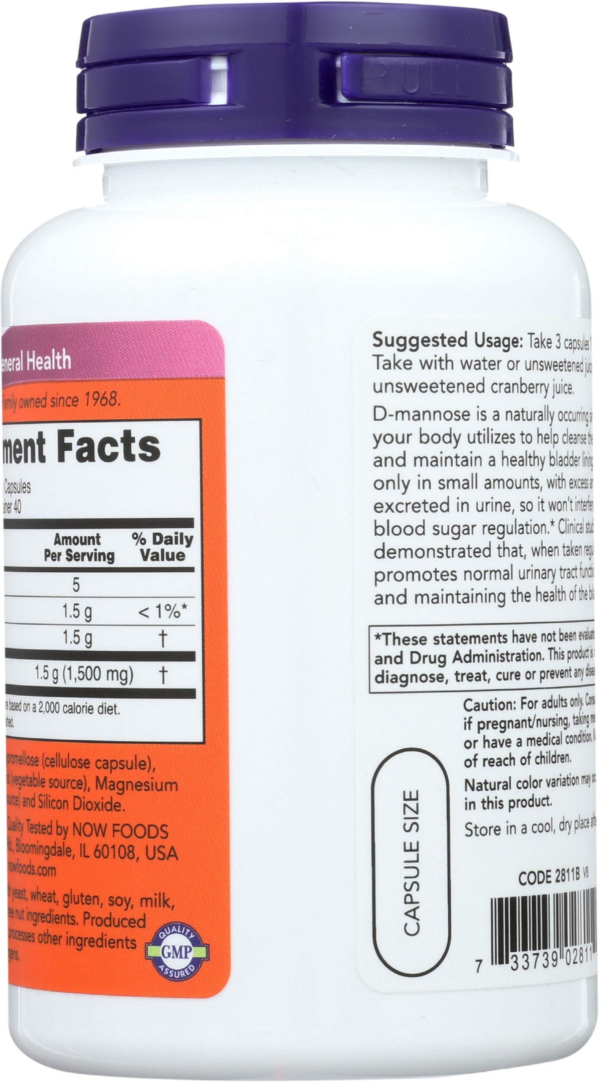 NOW Foods D-Mannose 500 mg flacon avec étiquette