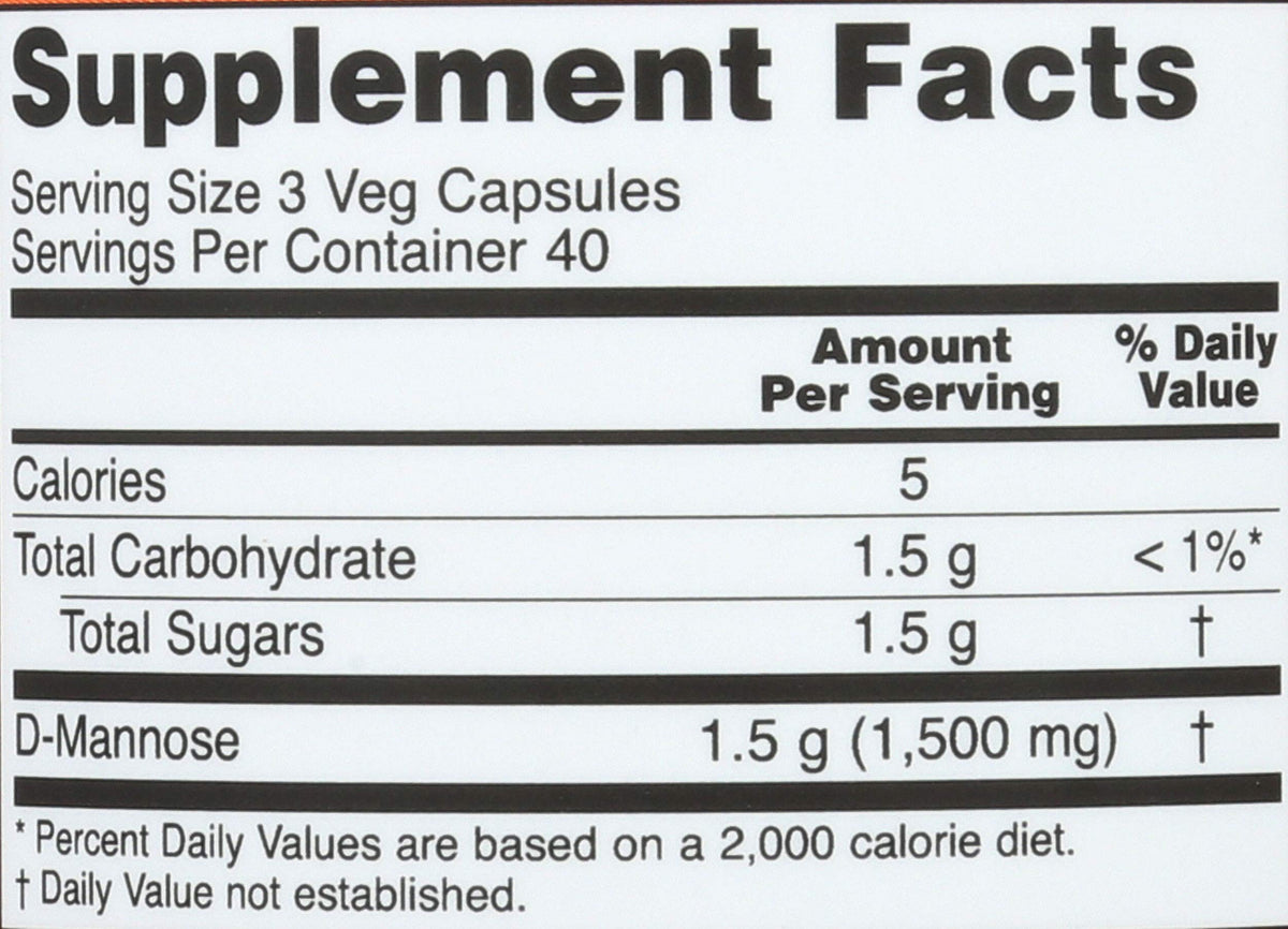 NOW Foods D-Mannose 500 mg flacon ouvert avec capsules visibles