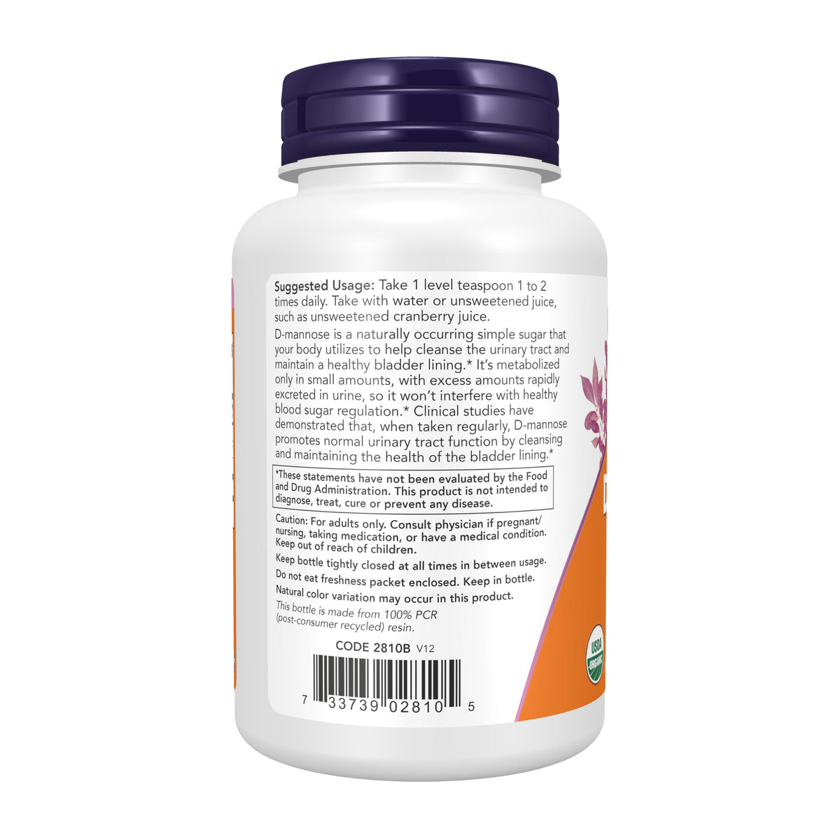 NOW Foods D-Mannose Poudre 118g et étiquette des ingrédients