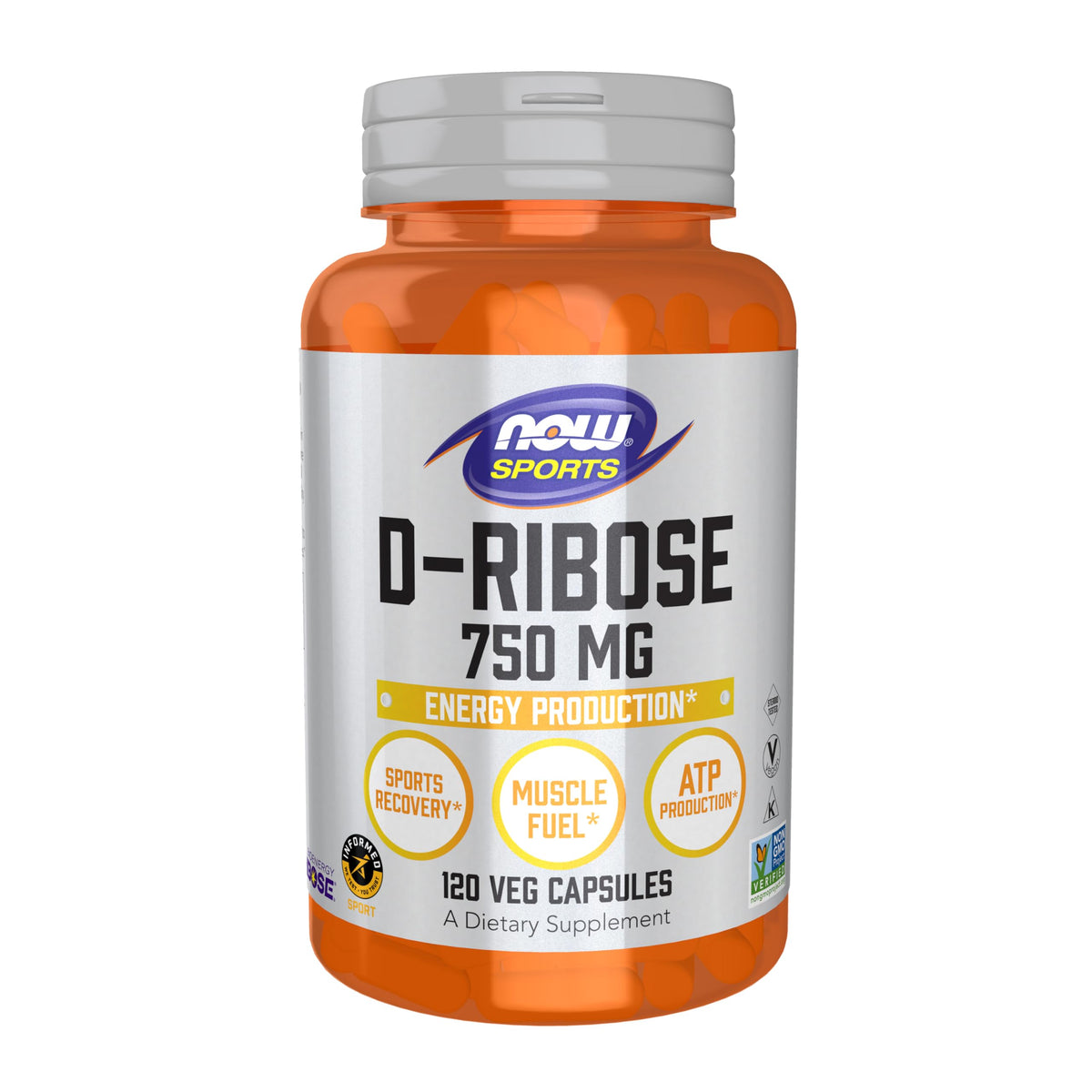 NOW Foods D-Ribose 750 mg 120 Veg Caps vue de face
