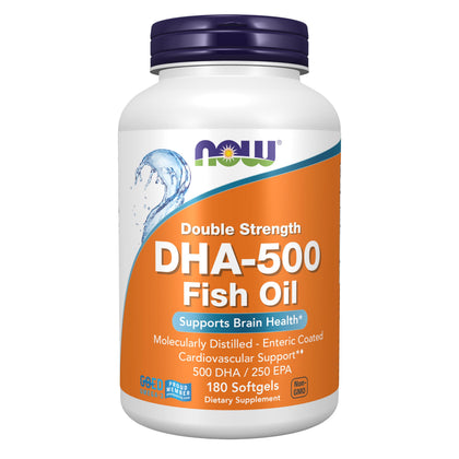 NOW Foods DHA-500 500 mg EPA 250 mg 180 gélules vue de face