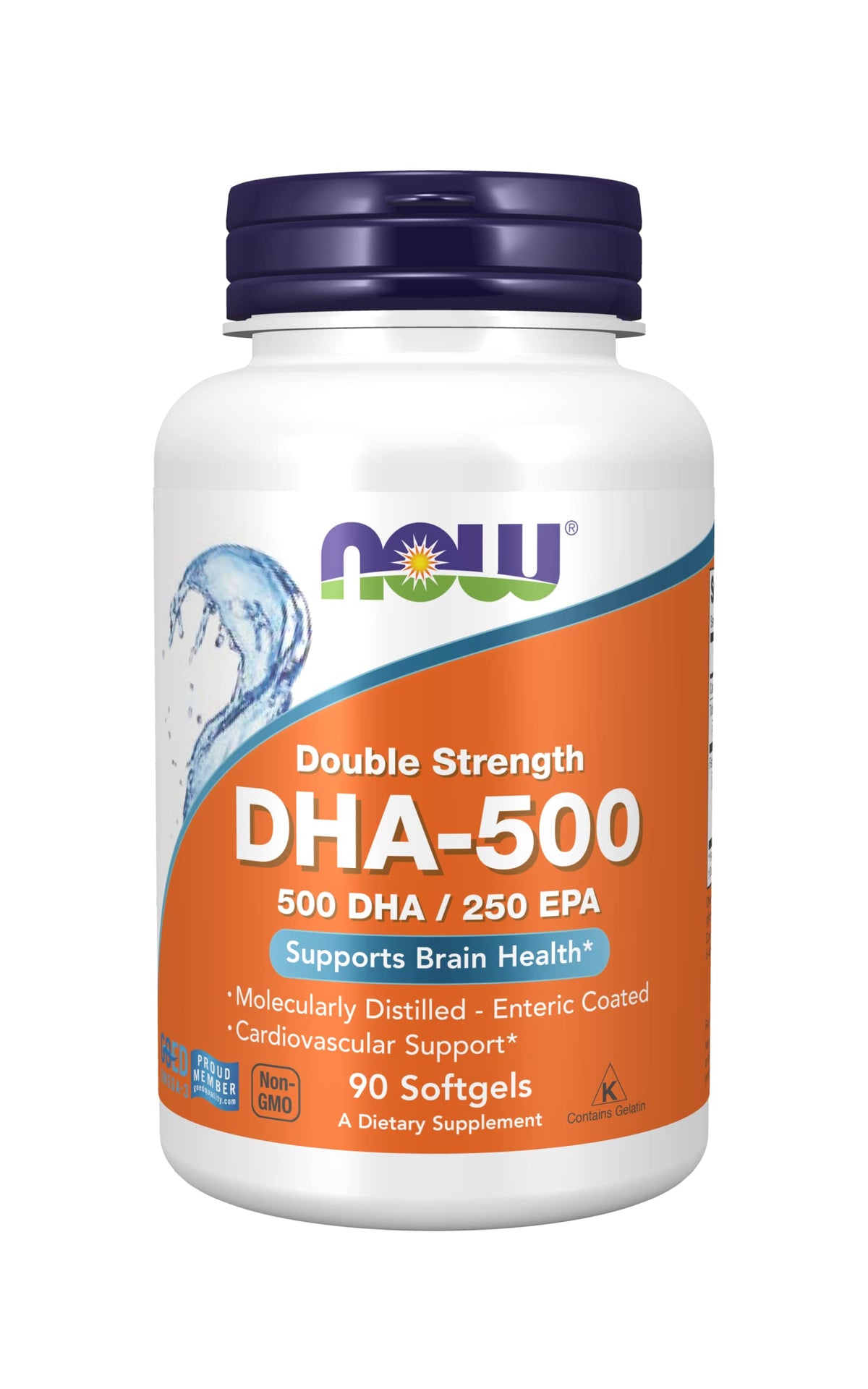 NOW Foods DHA-500 90 gélules softgels avec étiquette visible