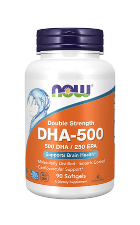 NOW Foods DHA-500 90 gélules softgels avec étiquette visible