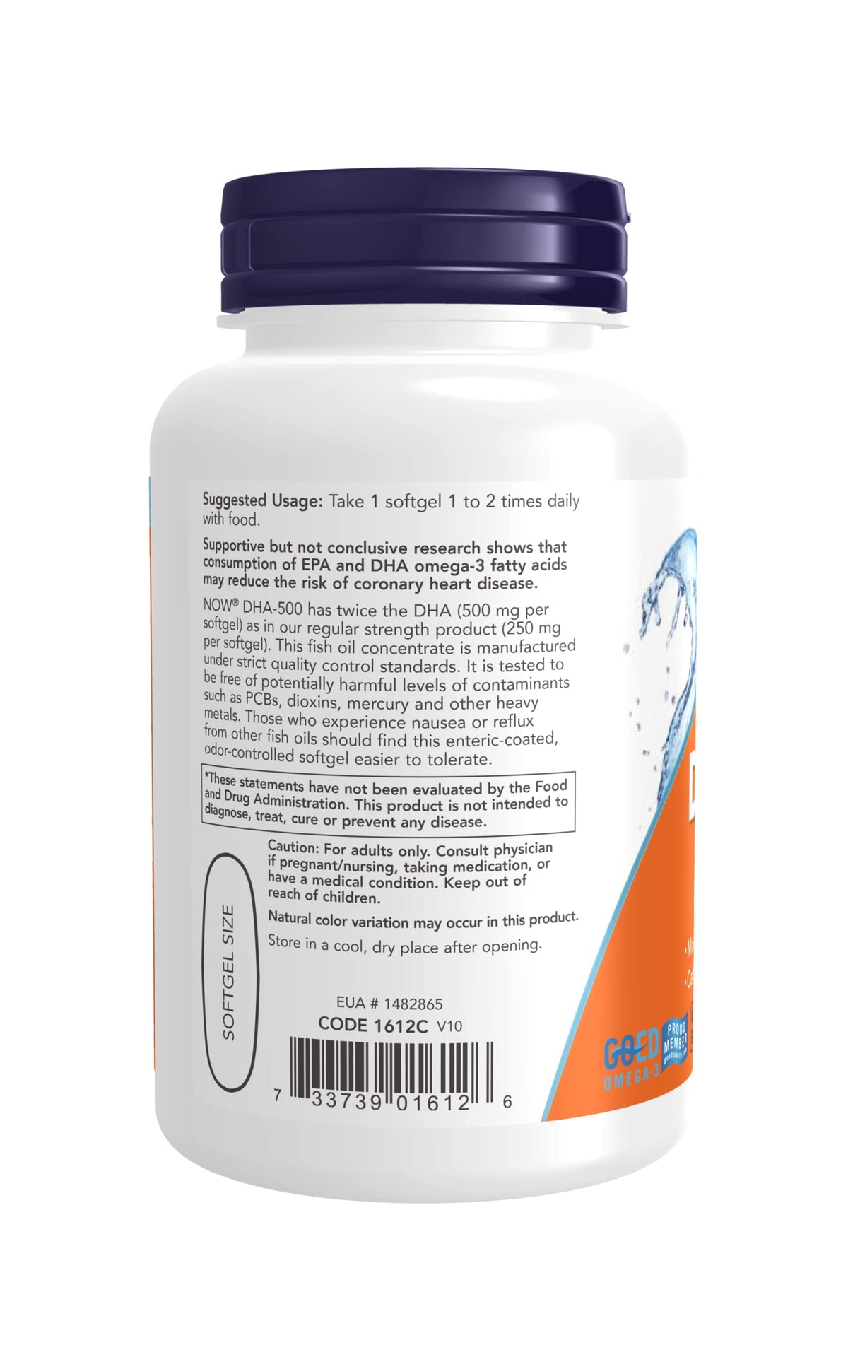 NOW Foods DHA-500 gélules softgels en gros plan sur l'emballage