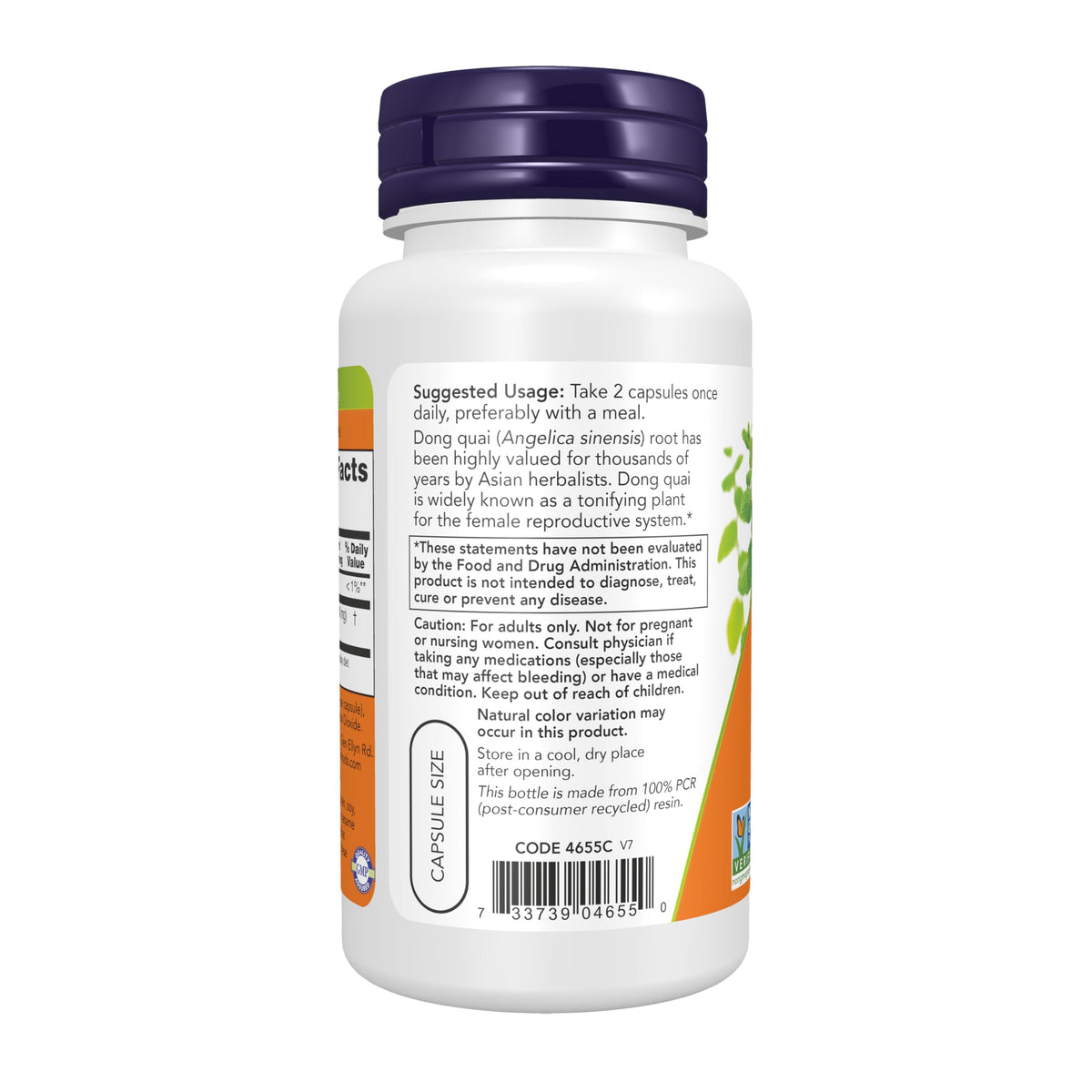 NOW Foods Dong Quai 520mg 100 Capsules - étiquette et spécifications