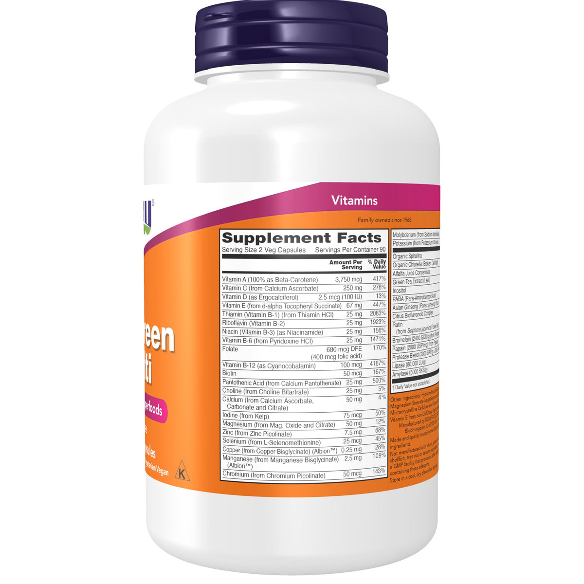 NOW Foods EcoGreen Multivitamines, étiquette avec ingrédients