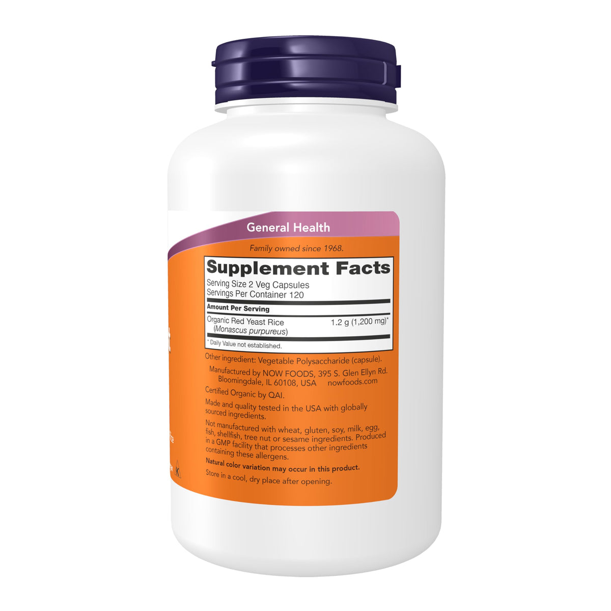 NOW Foods emballage Riz de Levure Rouge avec informations nutritionnelles