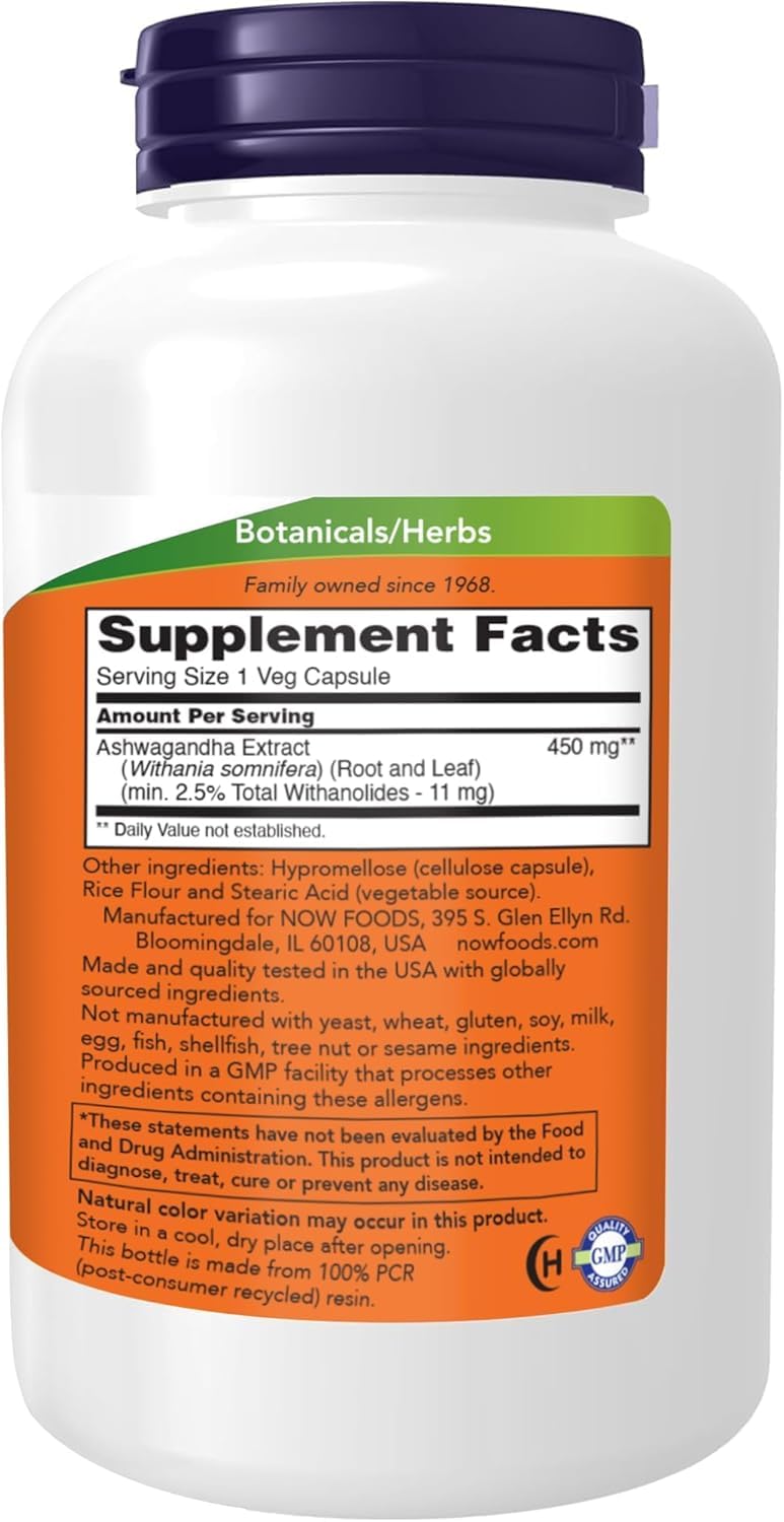 NOW Foods Extrait d'Ashwagandha 450 mg capsules végétales en gros plan
