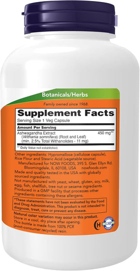 NOW Foods Extrait d'Ashwagandha 450 mg capsules végétales en gros plan