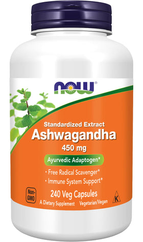 NOW Foods Extrait d'Ashwagandha 450 mg capsules végétales, vue de face