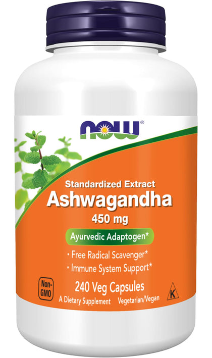 NOW Foods Extrait d'Ashwagandha 450 mg capsules végétales, vue de face