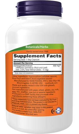 NOW Foods Extrait d'Ashwagandha 450 mg - étiquette du produit