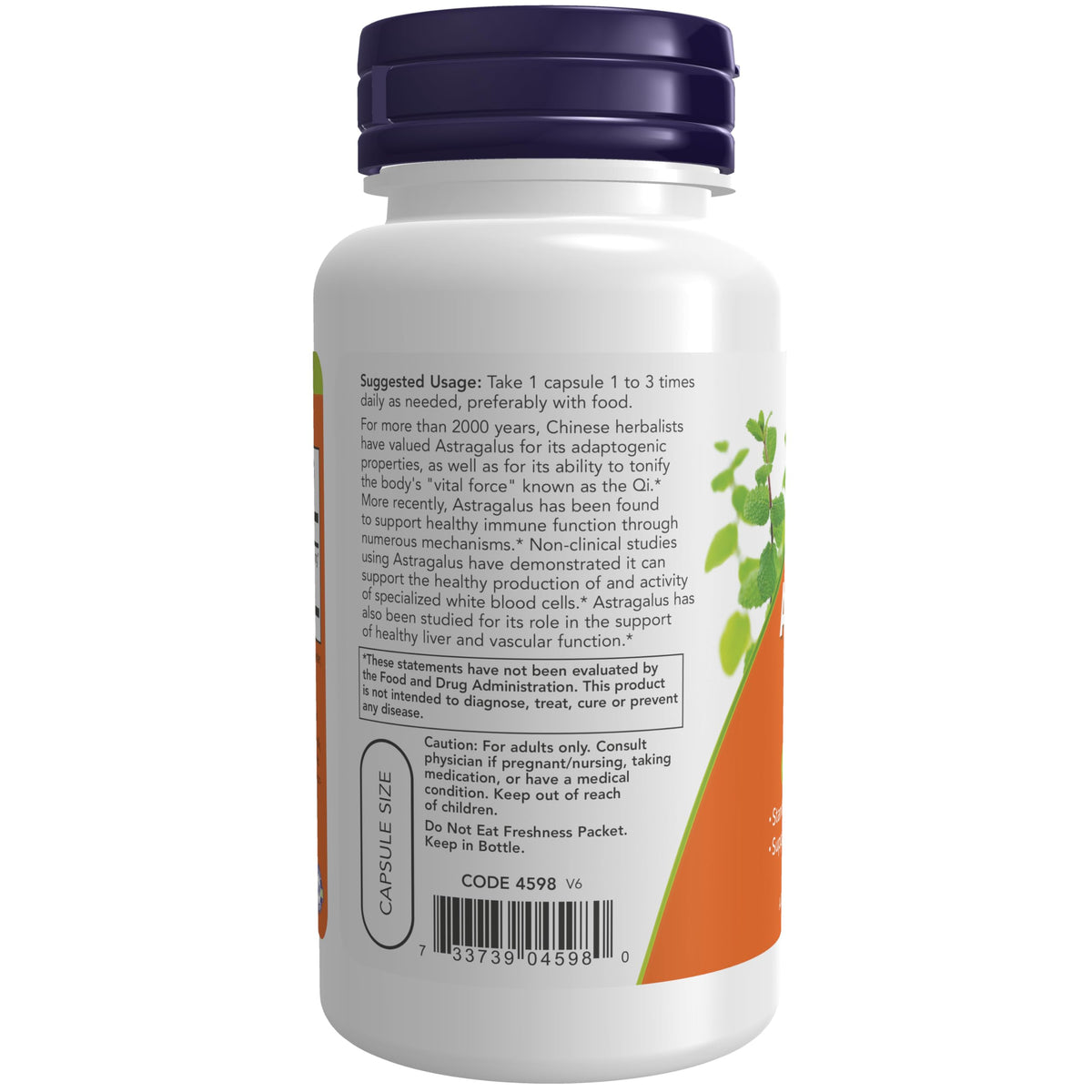 NOW Foods Extrait d'Astragale 500 mg 90 capsules végétales, étiquette de près