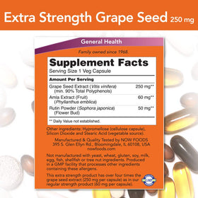 NOW Foods Extrait de Pépin de Raisin 250mg, vue arrière avec informations nutritionnelles