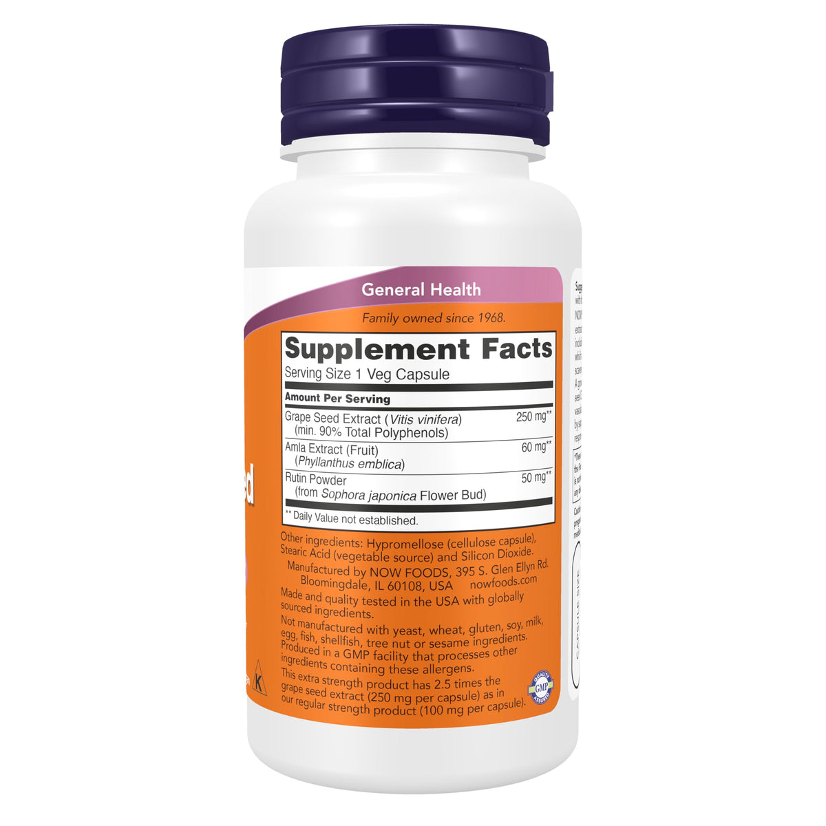 NOW Foods Extrait de pépins de raisin 250 mg - étiquette avec ingrédients