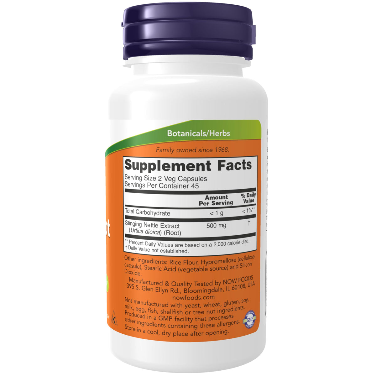 NOW Foods Extrait de Racine d'Ortie 250 mg étiquette détaillée