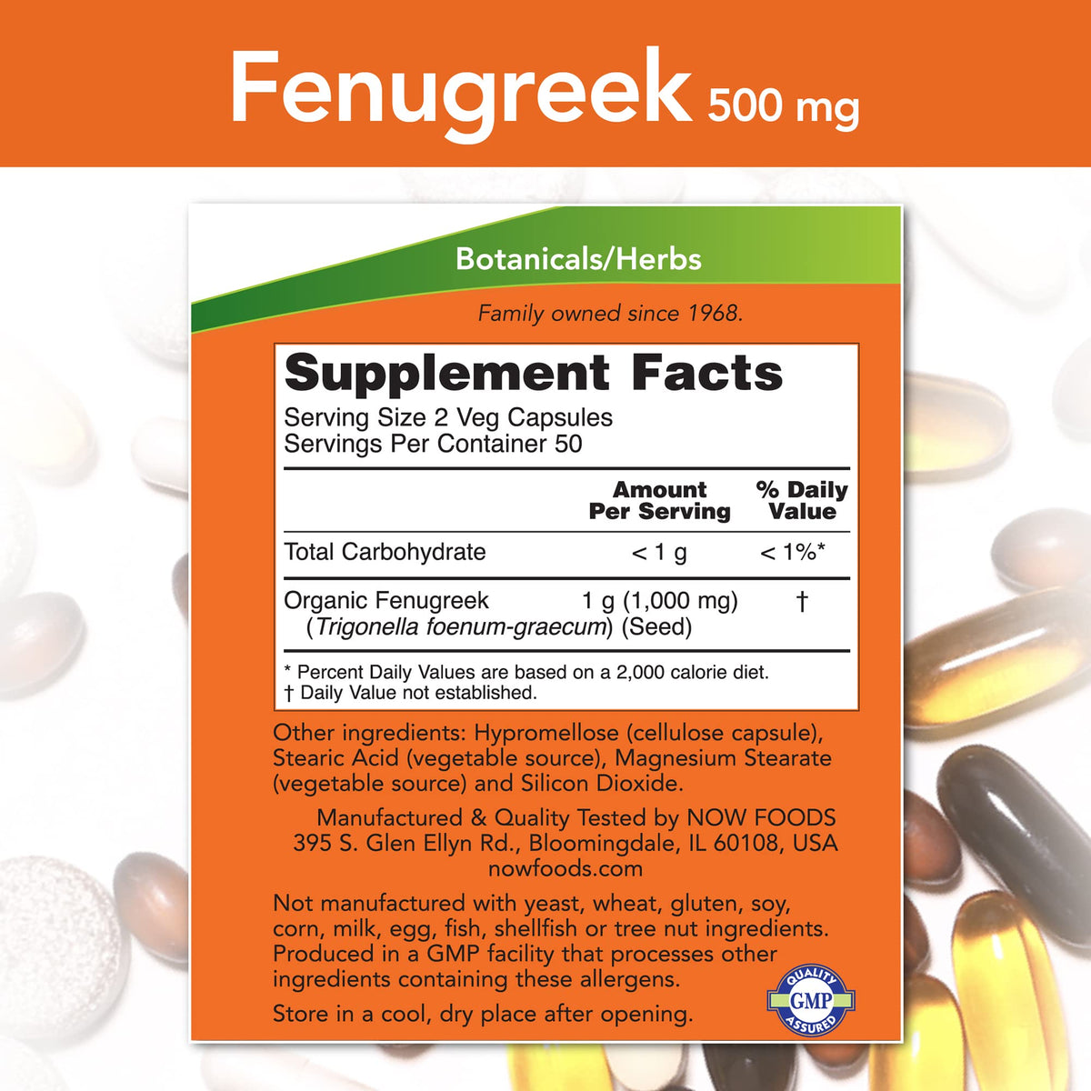 NOW Foods Fenugreek 500 mg capsules close-up