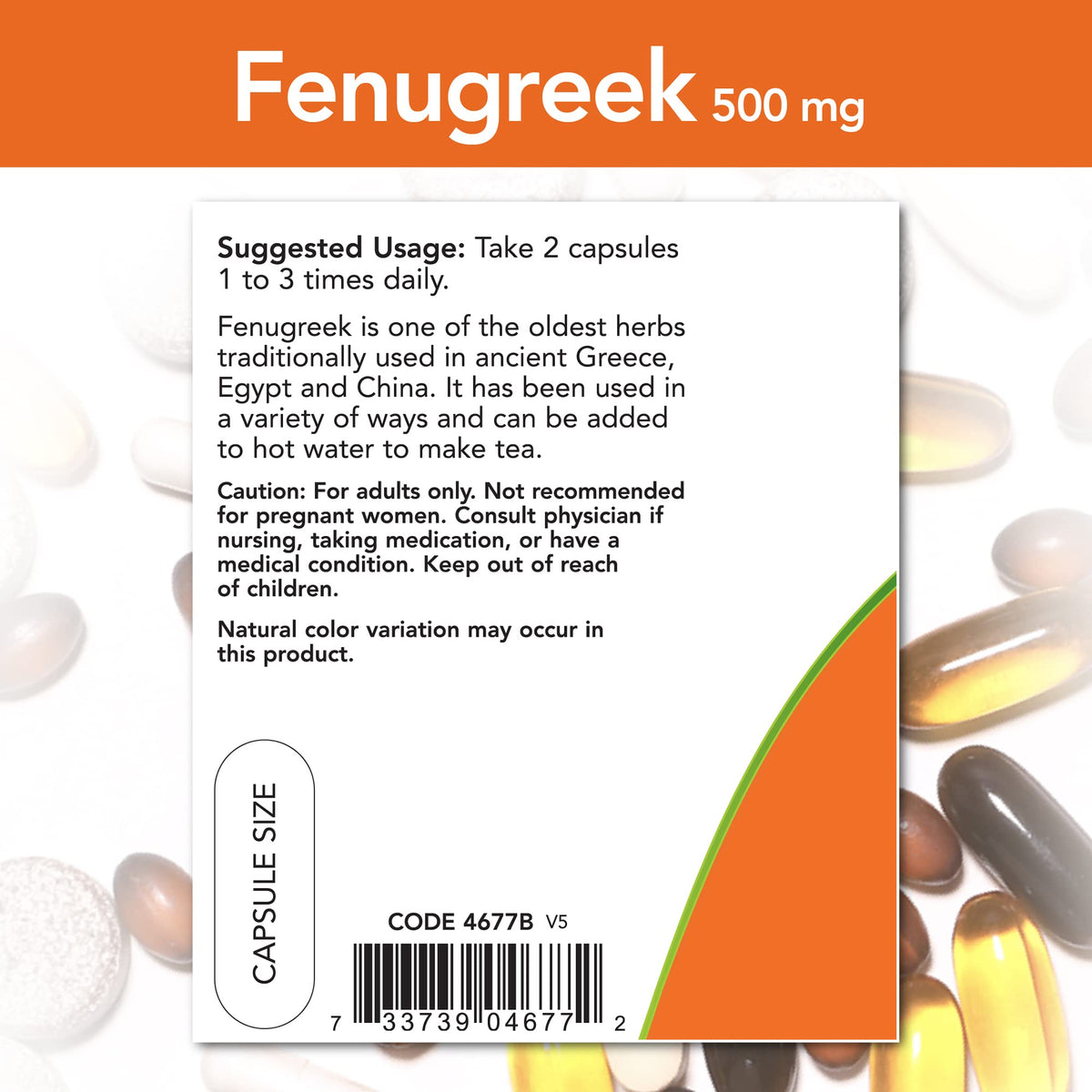 NOW Foods Fenugreek 500 mg capsules on a wooden table