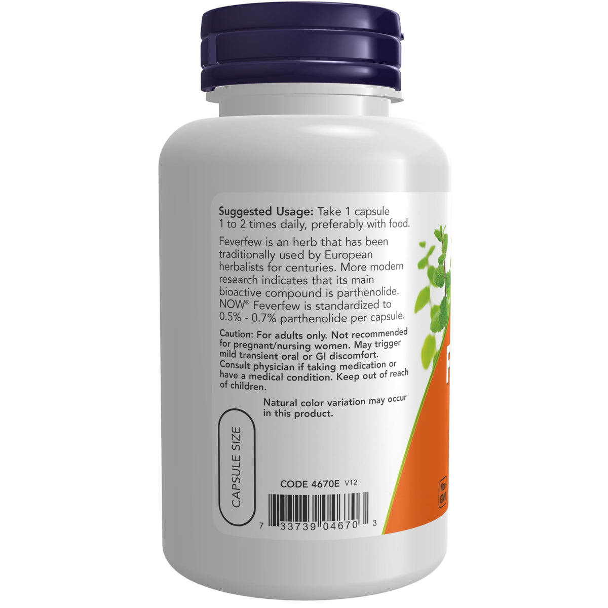 NOW Foods Feverfew gélules végétales avec des herbes en arrière-plan