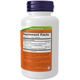 NOW Foods Feverfew gélules végétales sur une surface en bois