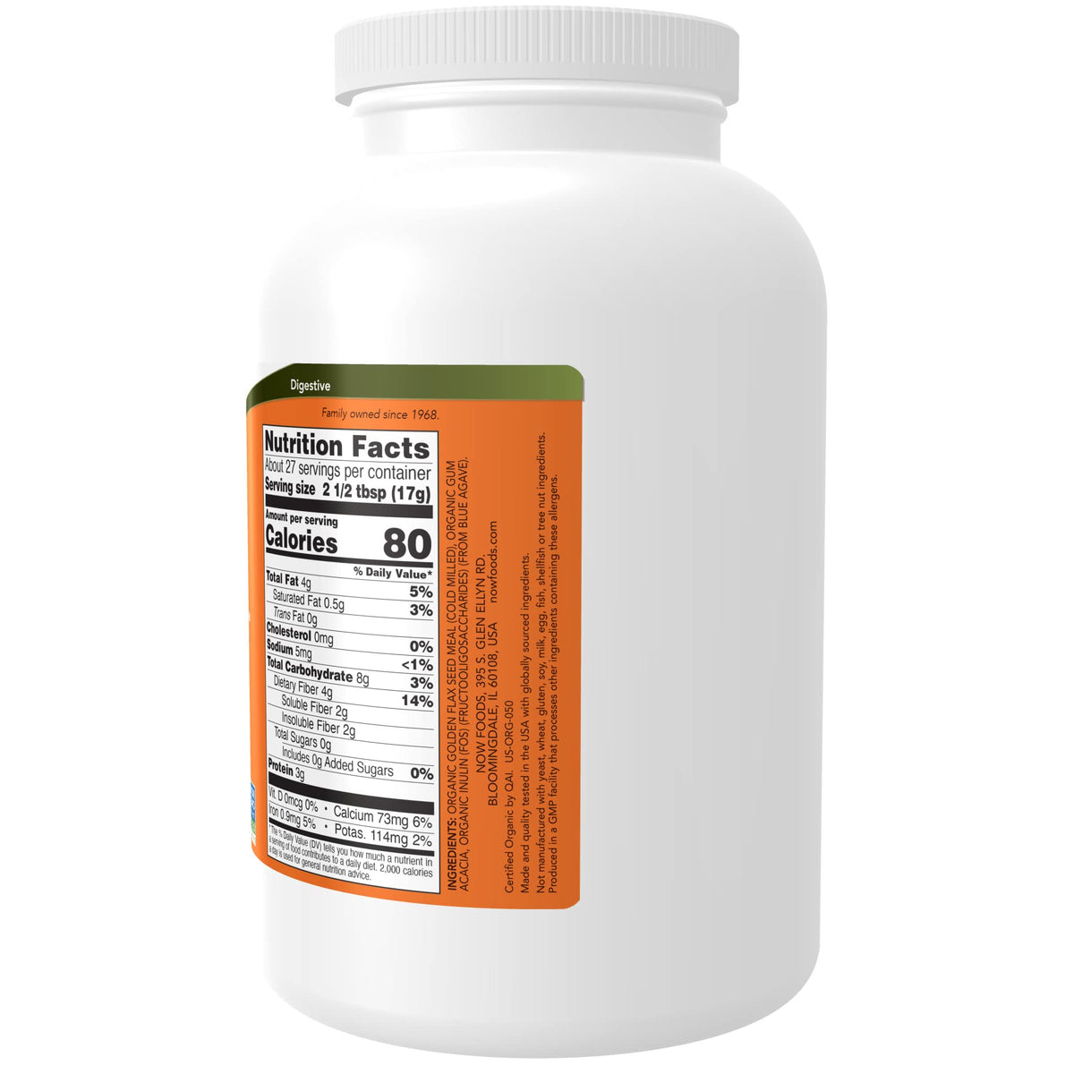 NOW Foods Fiber-3 531g vue arrière avec informations nutritionnelles