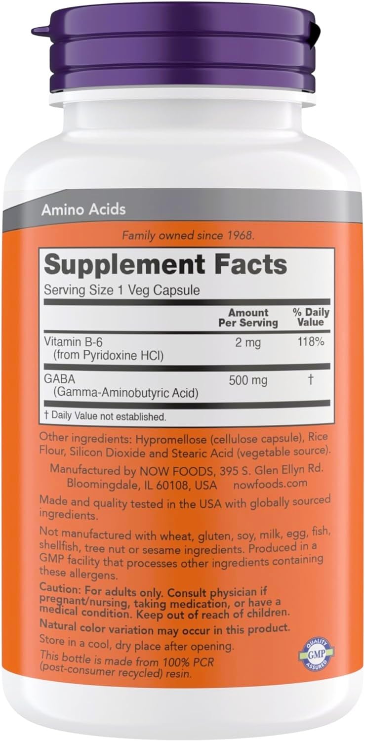 NOW Foods GABA 500 mg 300 capsules végétariennes côté