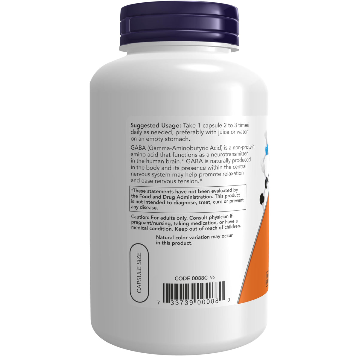 NOW Foods GABA 500 mg capsules végétales, vue de côté