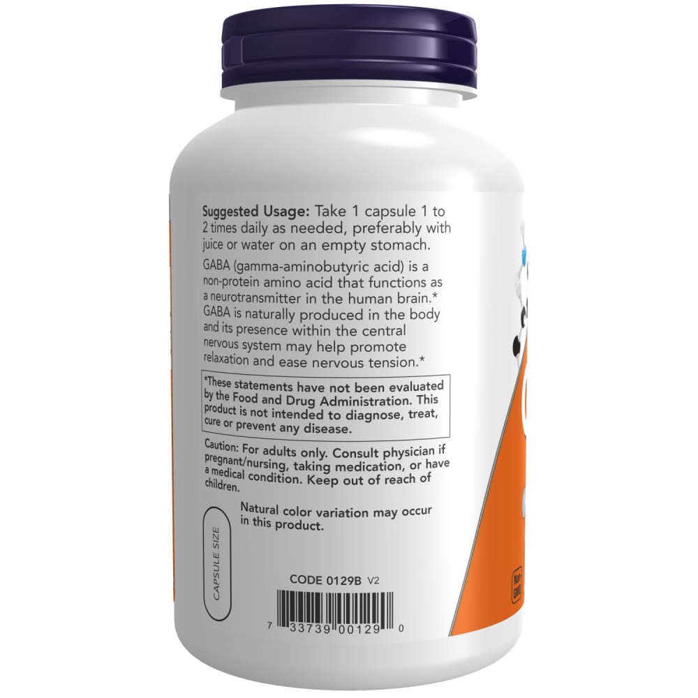 NOW Foods GABA 750 mg 200 capsules végétales, étiquette avec ingrédients