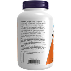 NOW Foods GABA 750 mg 200 capsules végétales, étiquette avec ingrédients