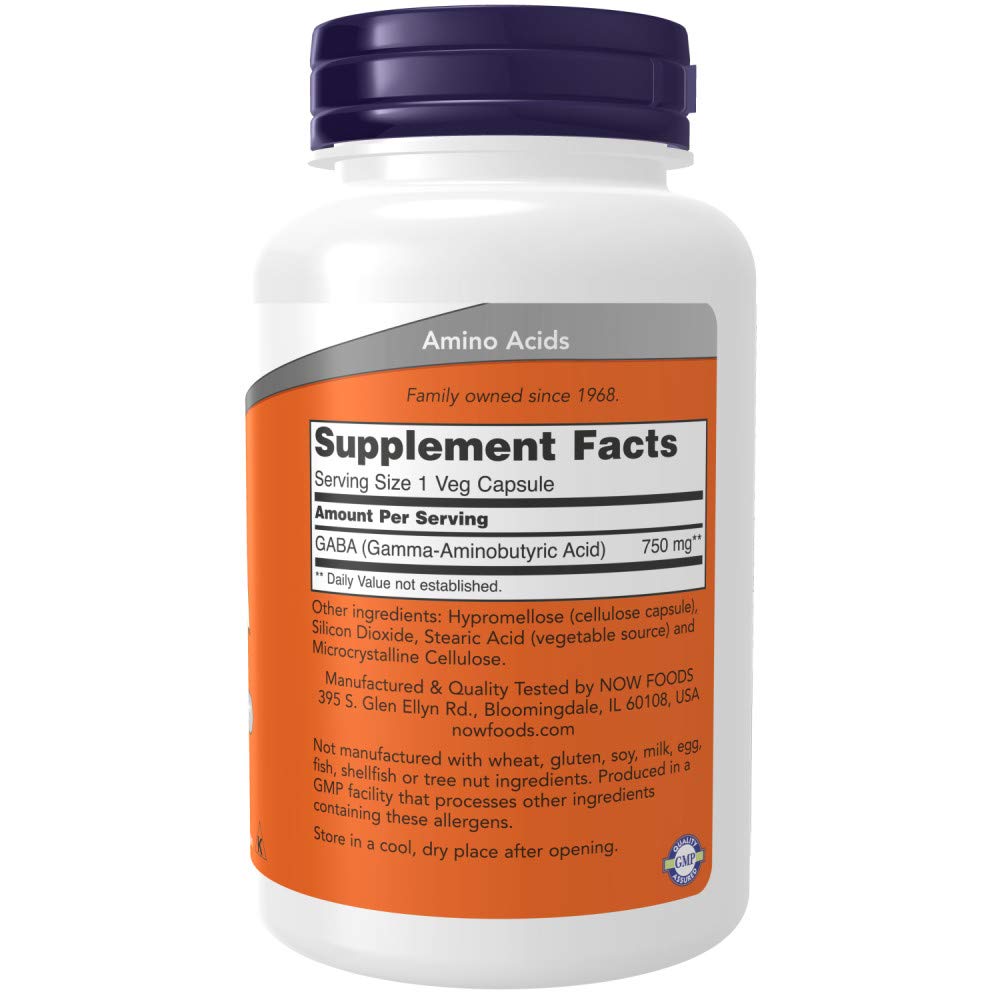 NOW Foods GABA 750mg 100 Vcaps vue arrière