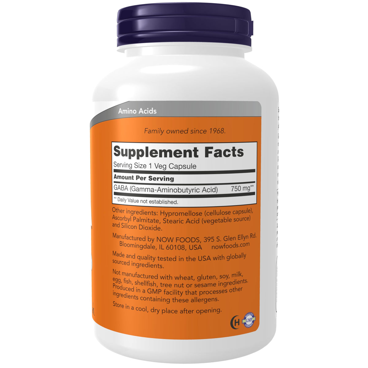 NOW Foods GABA 750mg 200 capsules avec étiquette