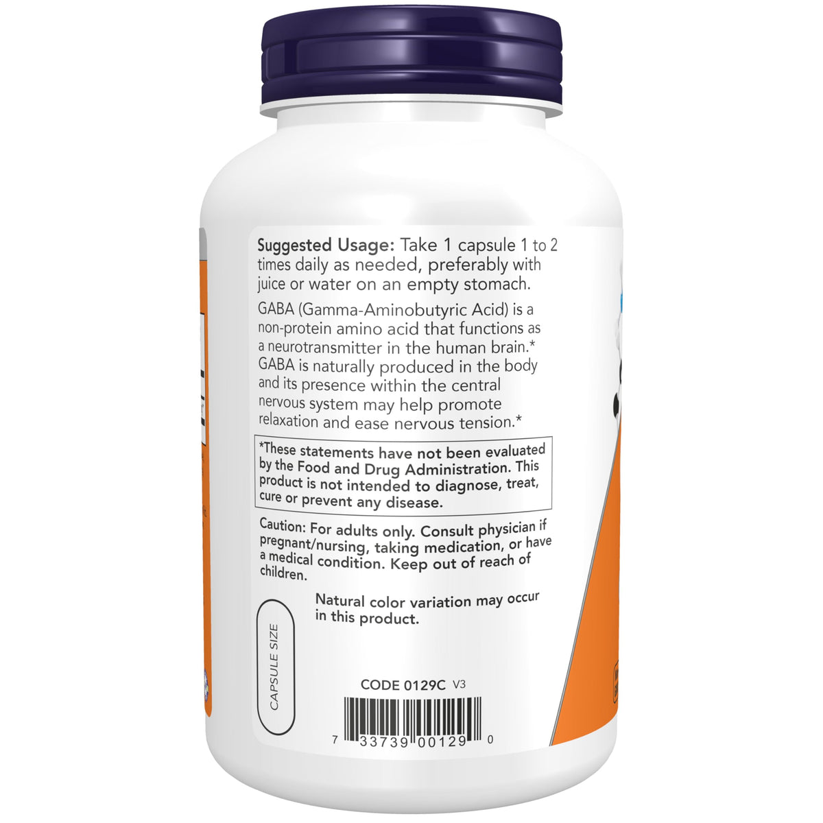 NOW Foods GABA 750mg 200 capsules sur fond blanc
