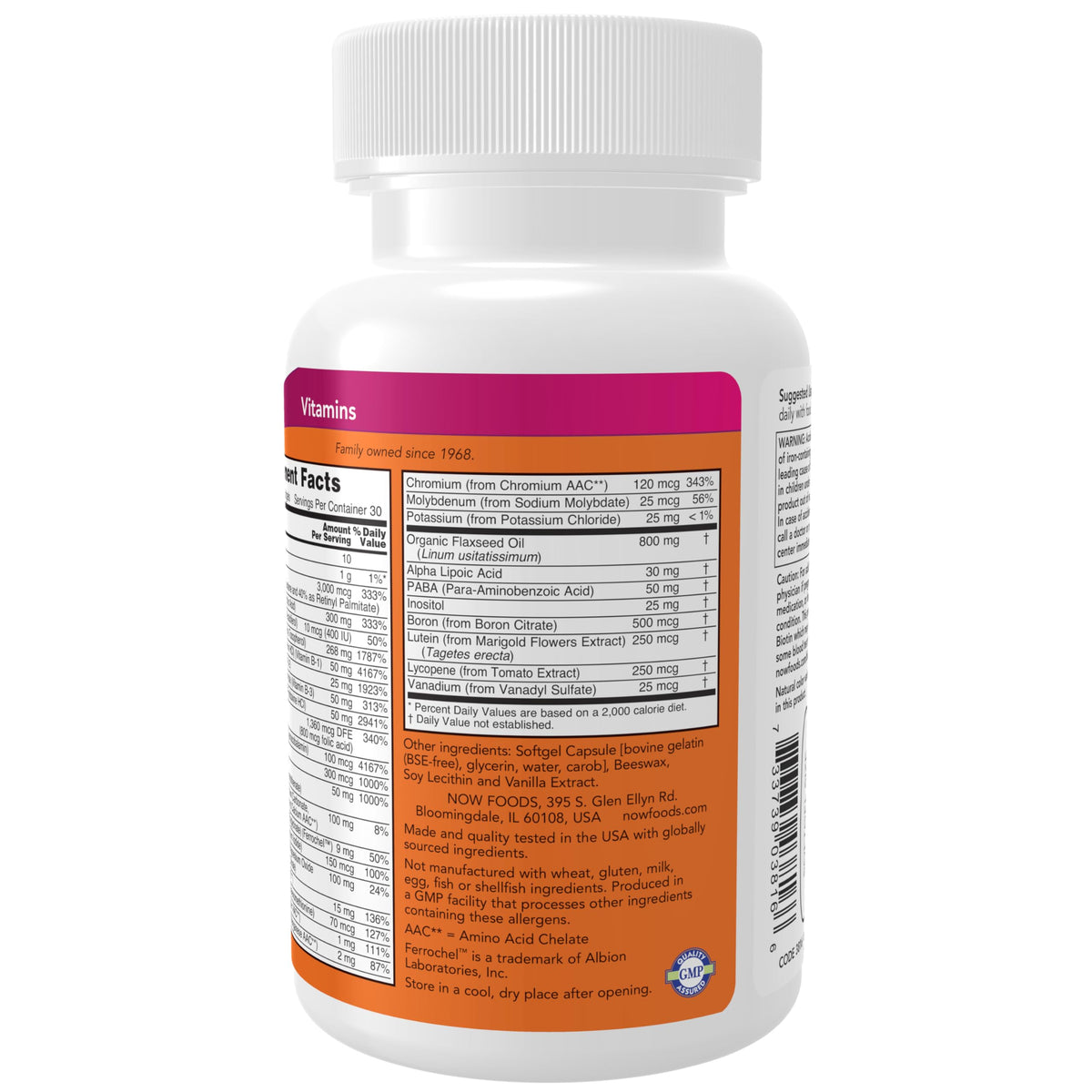 NOW Foods gélules liquides multi vitamines 60 gélules, présentation sur fond blanc