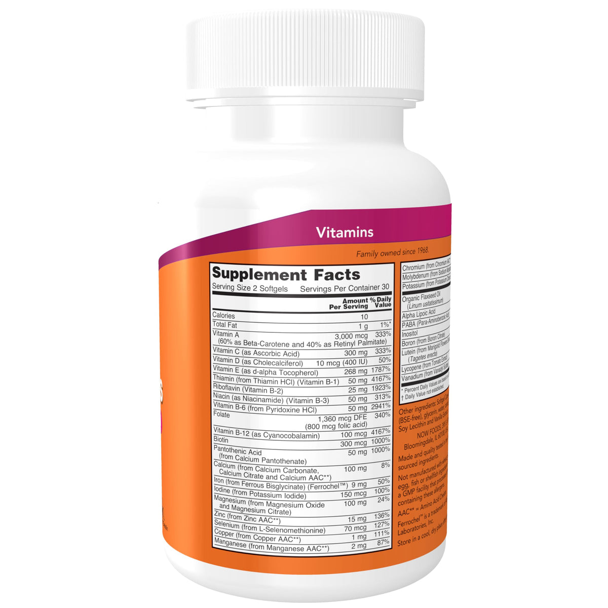 NOW Foods gélules liquides multi vitamines 60 gélules, vue de côté