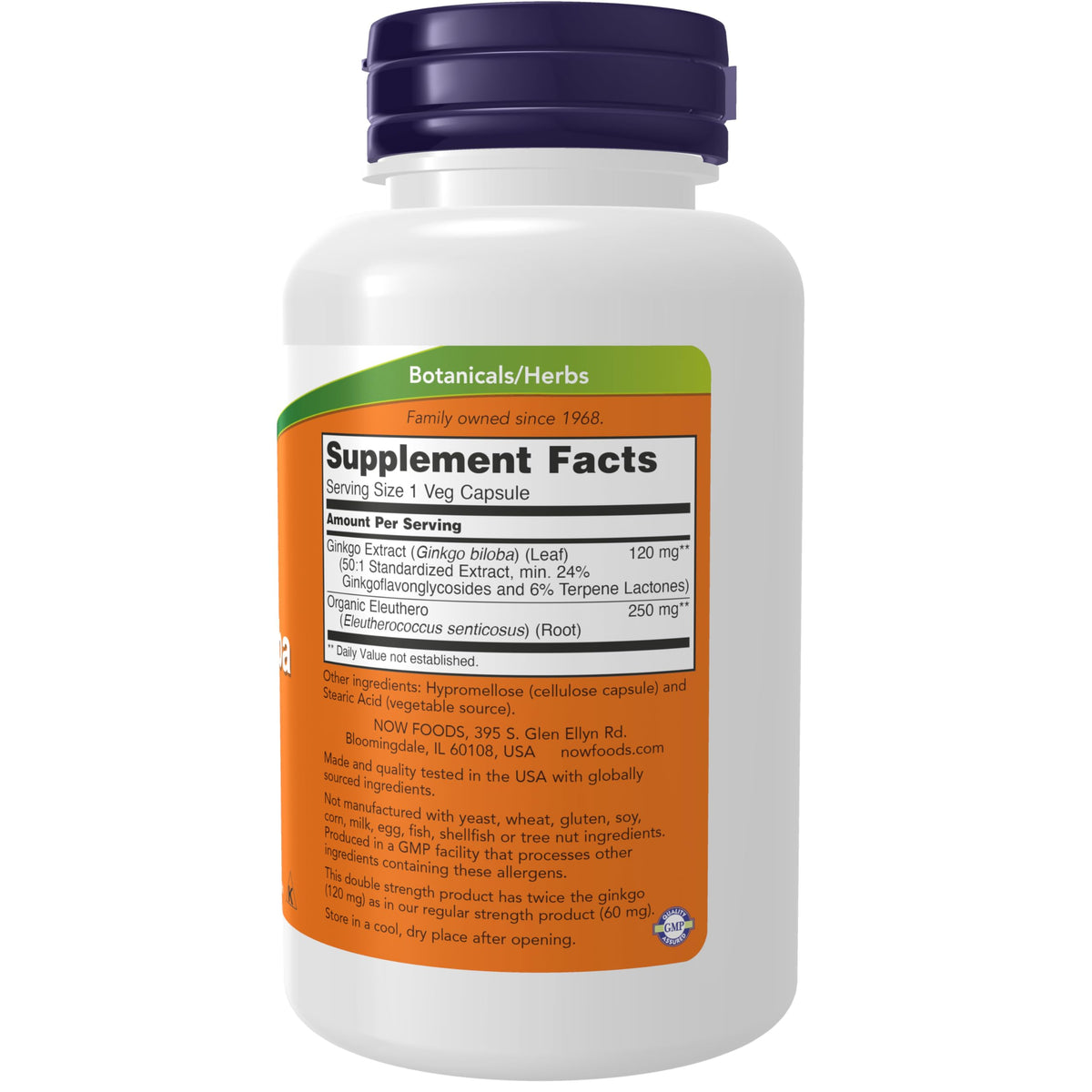 NOW Foods Ginkgo Biloba 120 mg capsules végétales sur fond blanc