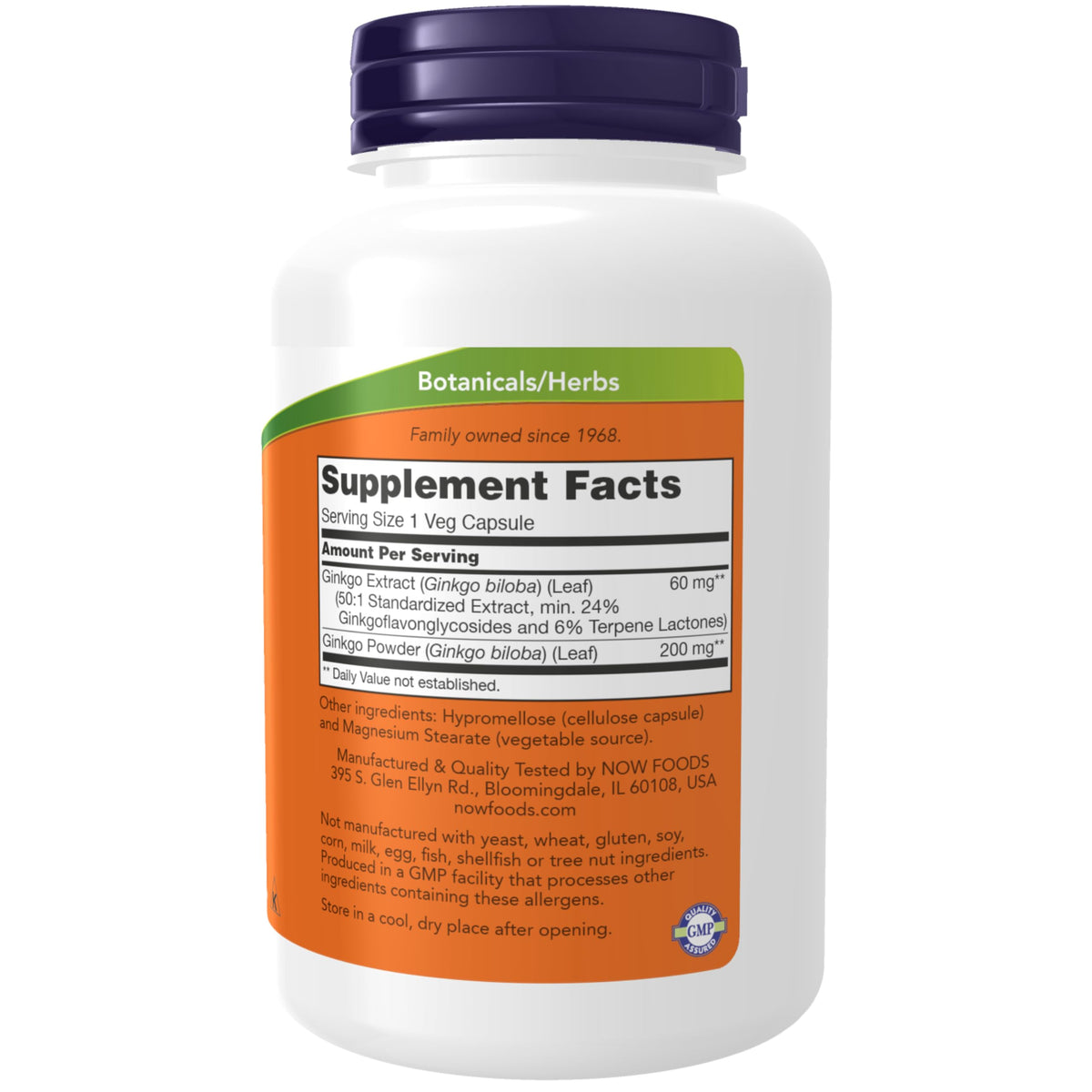 NOW Foods Ginkgo Biloba 60 mg capsules avec étiquette détaillée