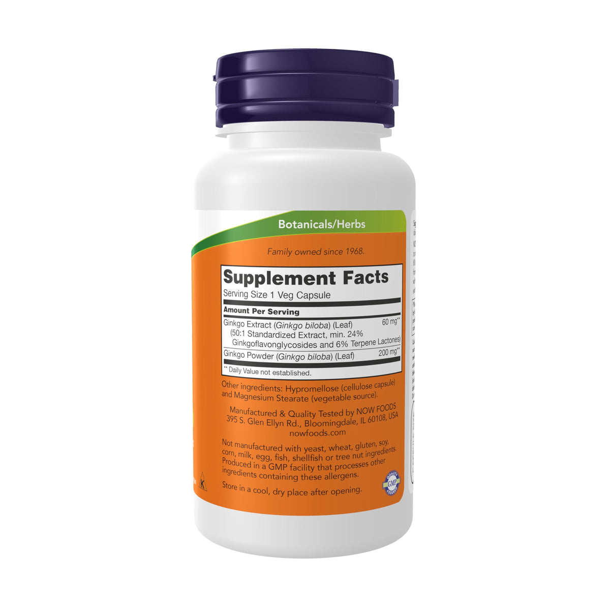 NOW Foods Ginkgo Biloba 60 mg emballage avec les capsules végétales