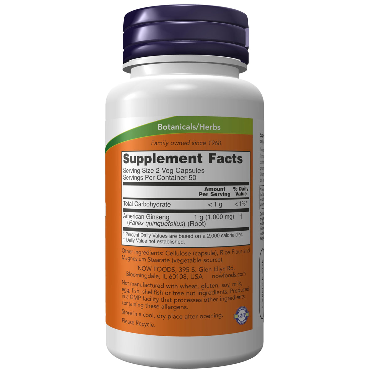 NOW Foods Ginseng Américain 500 mg 100 capsules avec étiquette