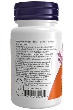 NOW Foods GlucoFit 60 gélules sur une table avec un verre d'eau