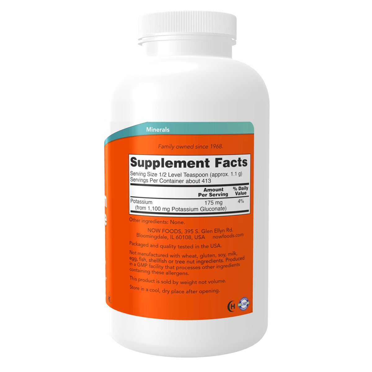 NOW Foods Gluconate de Potassium Poudre Pure 540g emballage