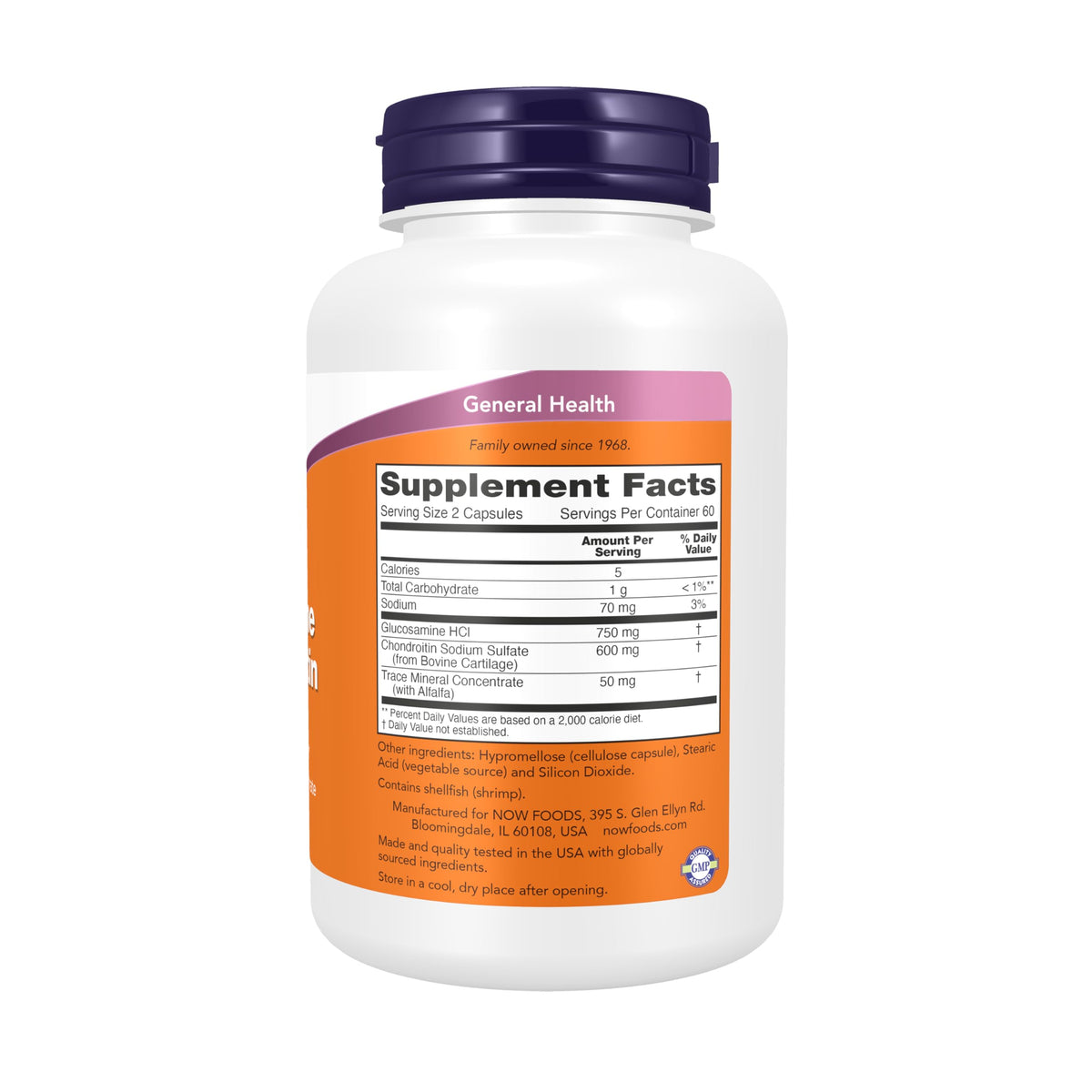 NOW Foods Glucosamine & Chondroitin 120 Capsules arrière avec étiquette