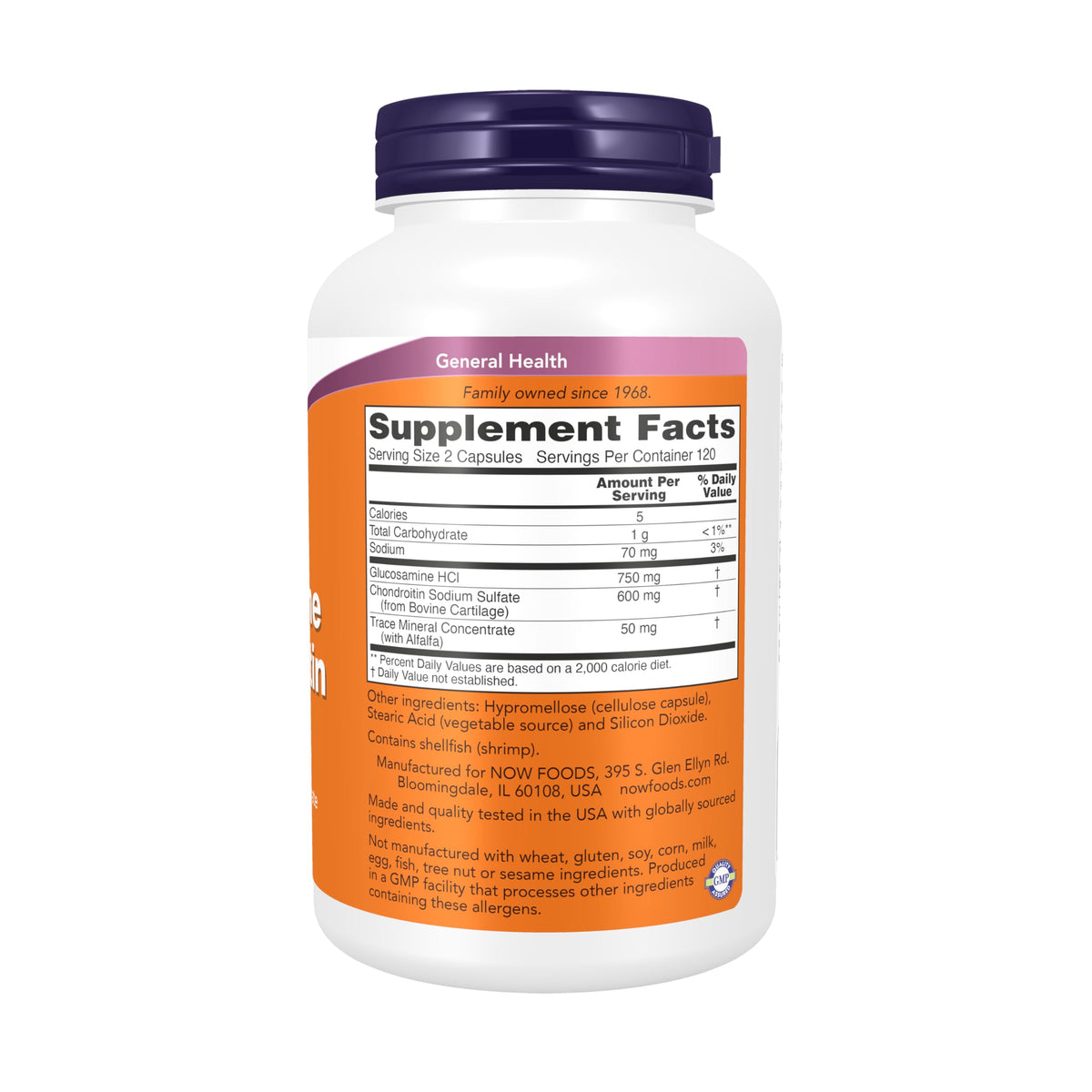 NOW Foods Glucosamine & Chondroitin 240 Veg Capsules arrière avec étiquette