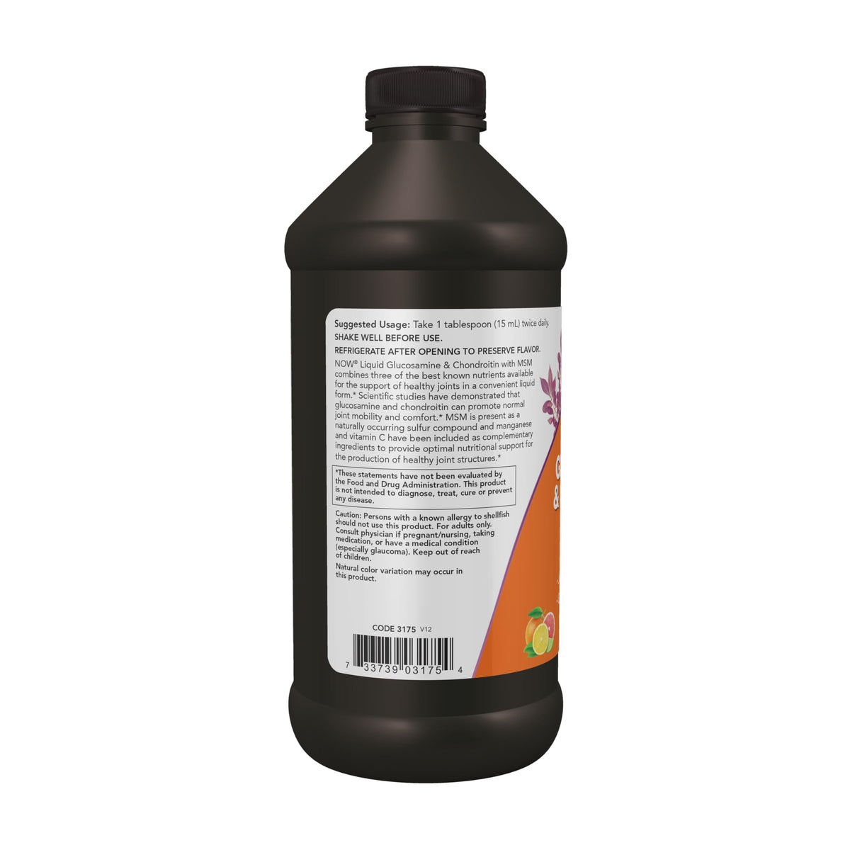 NOW Foods Glucosamine & Chondroïtine 16 oz étiquette avec informations