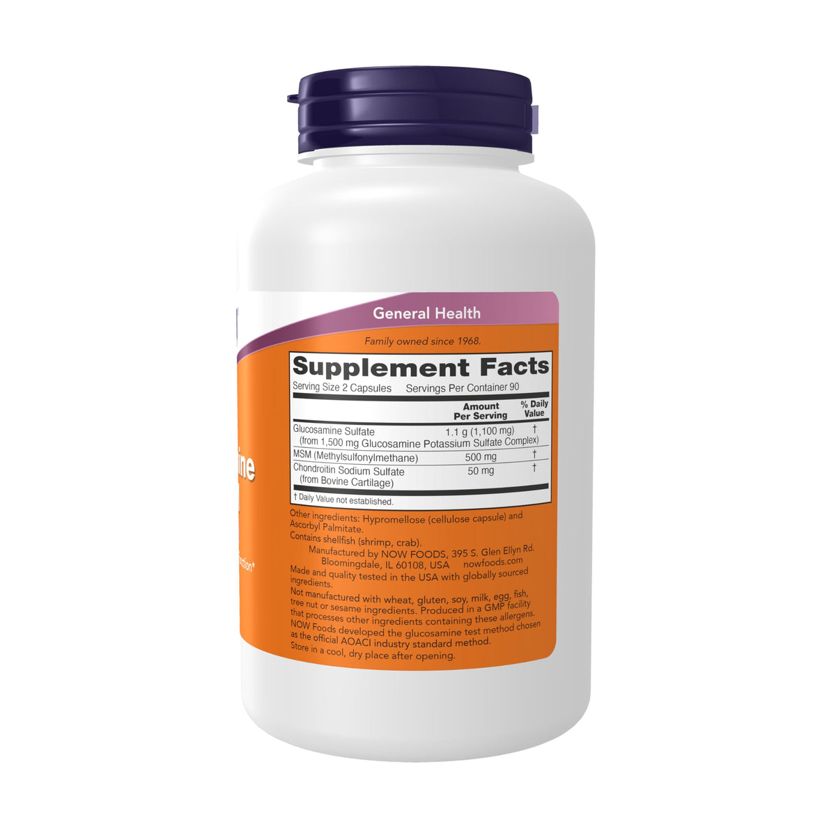 NOW Foods Glucosamine & MSM 180 capsules végétales, étiquette détaillée