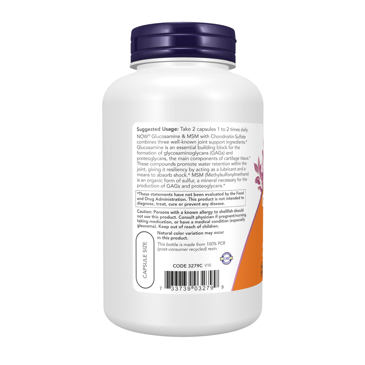 NOW Foods Glucosamine & MSM 180 capsules végétales, vue de côté