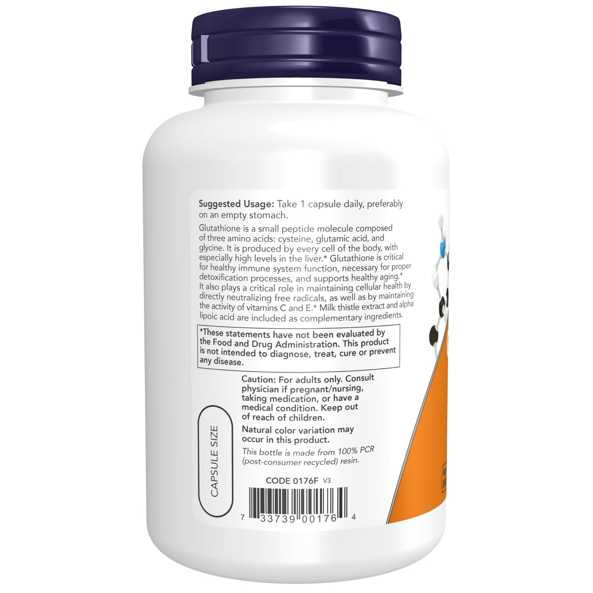 NOW Foods Glutathione 500 mg 120 capsules végétales, détail de l'étiquette